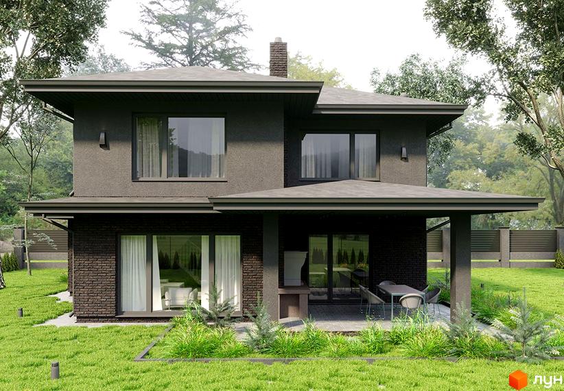 Котеджне містечко КМ Вітаград. Двоповерховий будинок з темною цегляною обробкою першого поверху та сірим штукатурним покриттям другого поверху. Навколо будинку доглянутий газон та зелені насадження.