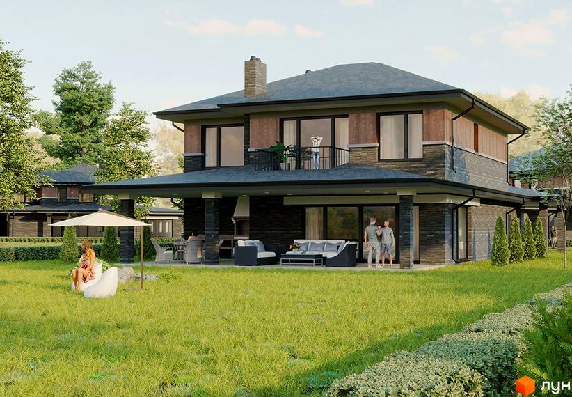 Котеджне містечко Вітаград. Зовнішній вигляд двоповерхового будинку з терасою, каміном та зоною відпочинку на прибудинковій території з газоном та деревами.