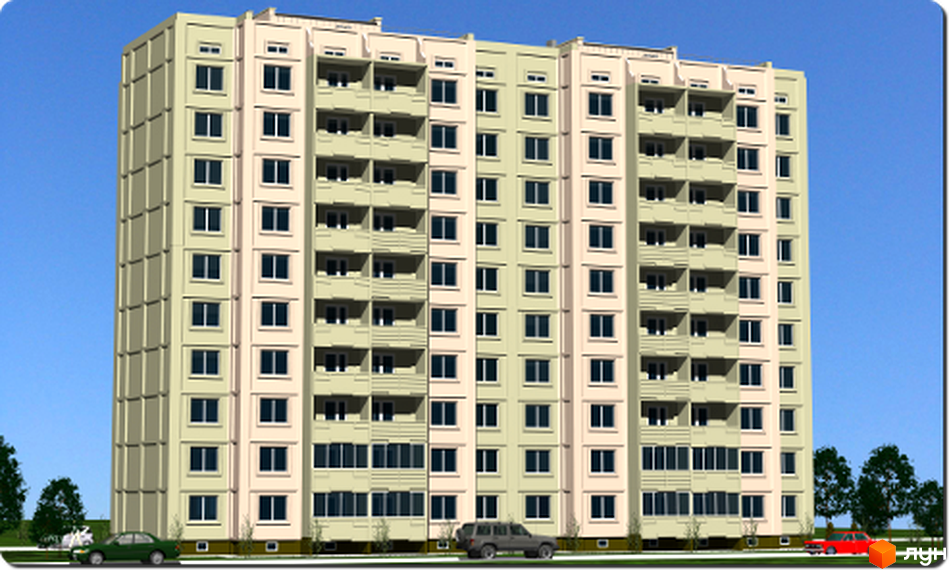 Житловий комплекс Софіївський з фасадом світлих відтінків та балконами. Прибудинкова територія з зеленими насадженнями та автомобілями.