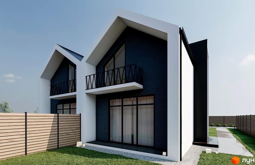 Сучасні дуплекси Your Home з темними фасадами та білими елементами, балконами, розташовані на зеленій ділянці з доріжками та дерев'яним парканом.