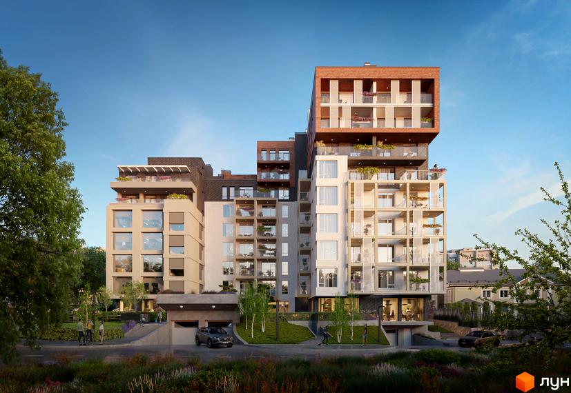 Житловий комплекс Венґлінський має багаторівневі фасади, балкони та великі вікна. На території видно в'їзд до паркінгу та зелені насадження.