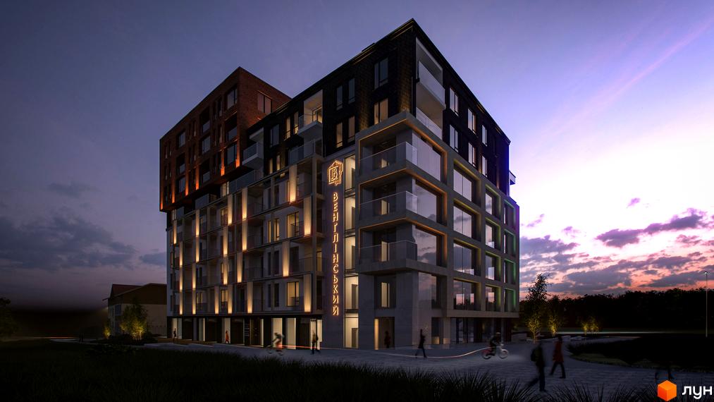 Житловий комплекс Венґлінський з багатоповерховим фасадом та вертикальною підсвіткою, на фоні вечірнього неба з пішохідною зоною.