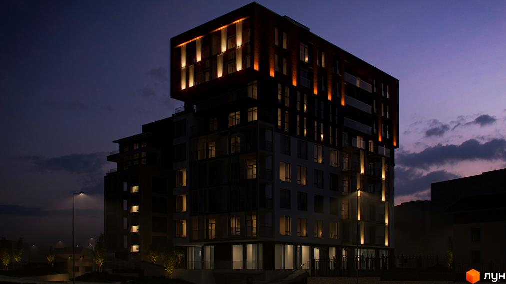 Нічний вигляд новобудови Венґлінський з вертикальним підсвічуванням фасаду. На прибудинковій території видно вуличні ліхтарі та освітлені дерева.