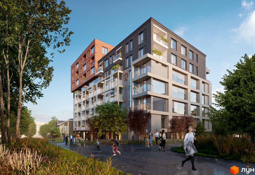 Житловий комплекс Венґлінський: будинок з цегляним та світлим фасадом, балконами. Прибудинкова територія з доріжками, деревами та людьми.