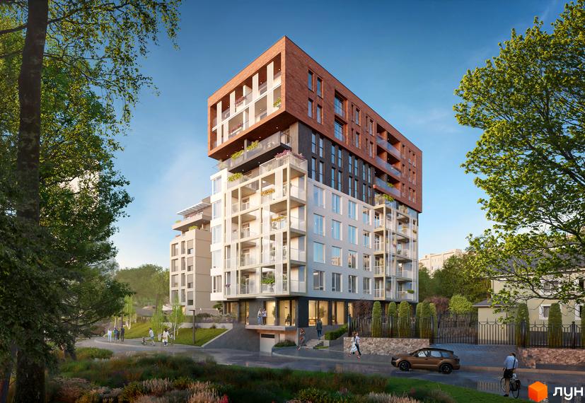 Житловий комплекс Венґлінський – багатоповерхова будівля з верхніми поверхами цегляного кольору та світлим фасадом нижніх рівнів. Територія навколо озеленена деревами та доріжками.