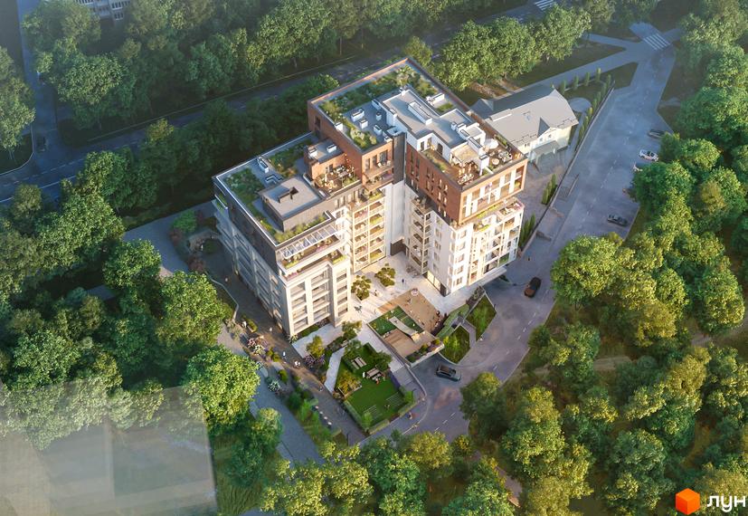 Новобудова Венґлінський: вид зверху на багатосекційний будинок з терасами та зеленими дахами, оточений парковою зоною та доріжками.