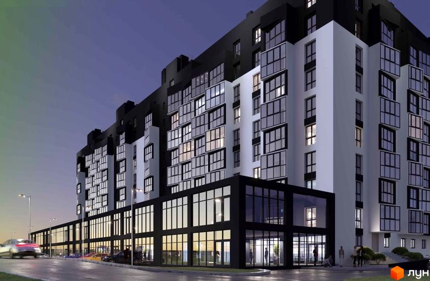 Зображення фасаду багатоповерхового будинку в Житловому комплексі Argo з великими вікнами. На передньому плані дорога та припарковані автомобілі.