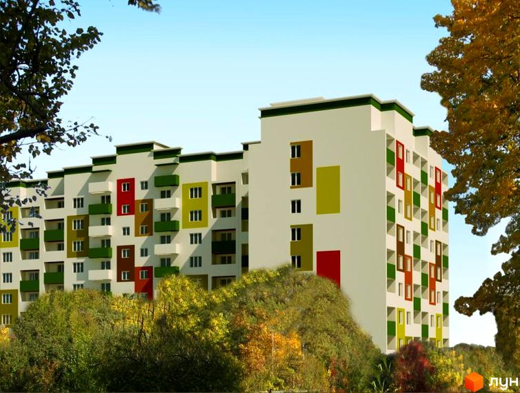 Житловий комплекс Времена года з кольоровими фасадами та балконами, оточений зеленими насадженнями.