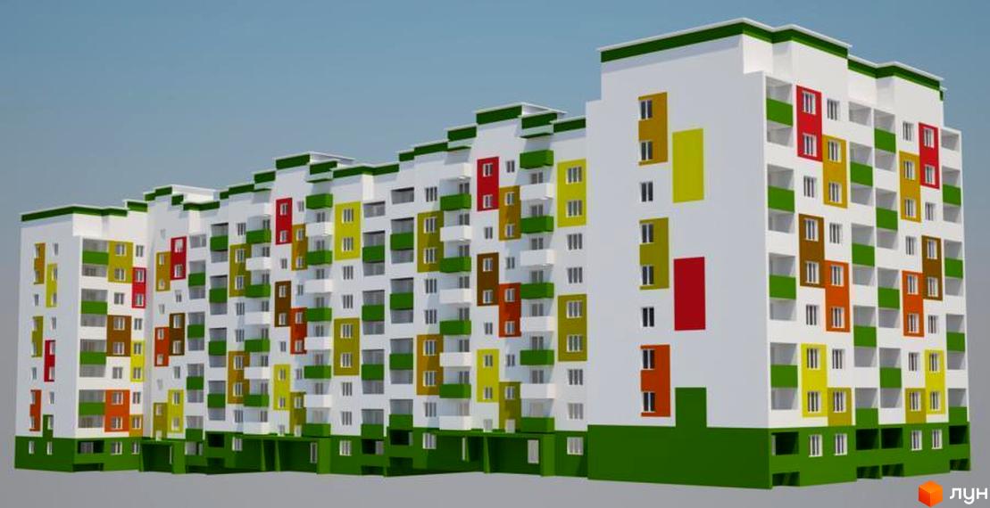 Житловий комплекс Времена года з яскравими фасадами та прибудинковою територією. Вид на будинок з зеленими елементами оформлення.