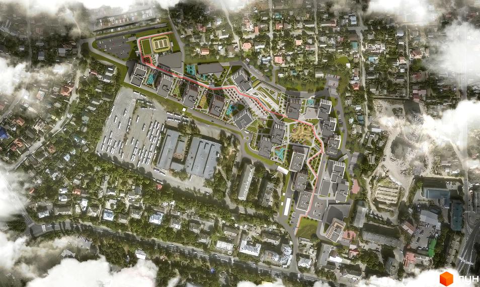 Аерофотозйомка житлового комплексу Central Park Vinnytsia з багатоповерховими будинками та облаштованою прибудинковою територією. На зображенні видно дороги, зелені зони та місця для відпочинку.