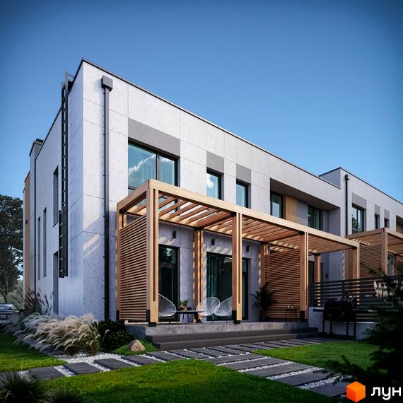 Таунхауси FIRST з світло-сірими фасадами, великими вікнами та дерев'яними перголами. На прибудинковій території зелений газон та кам'яні доріжки.