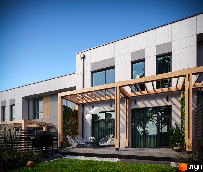 Фасад таунхаусу FIRST виконаний з сірих панелей, з великими вікнами та дерев'яною перголою. На прибудинковій території зелений газон та тераса з меблями.