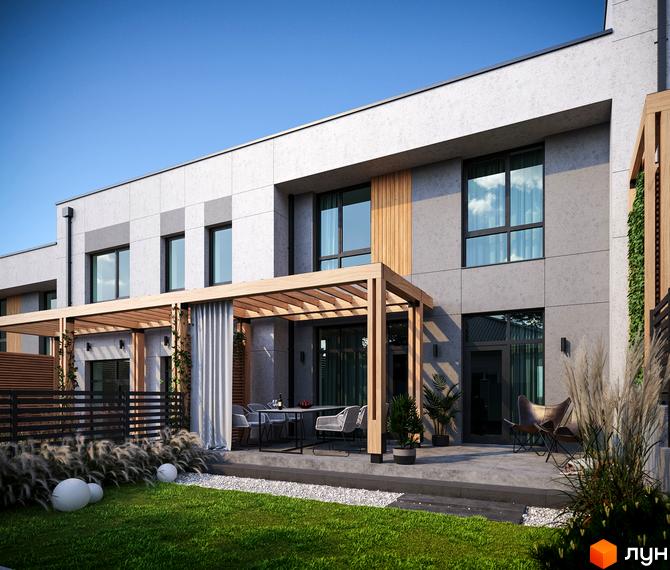 Таунхауси FIRST: фасад будівлі з сірих панелей та великими вікнами. На подвір'ї зелений газон, тераса з дерев'яною перголою та обідньою зоною.