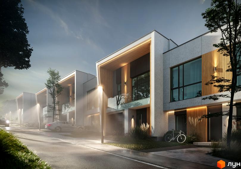 Ряд Таунхаусів FIRST з світлими фасадами, дерев'яними елементами та великими вікнами. Вулиця з освітленням, зелені насадження та припарковані автомобілі.