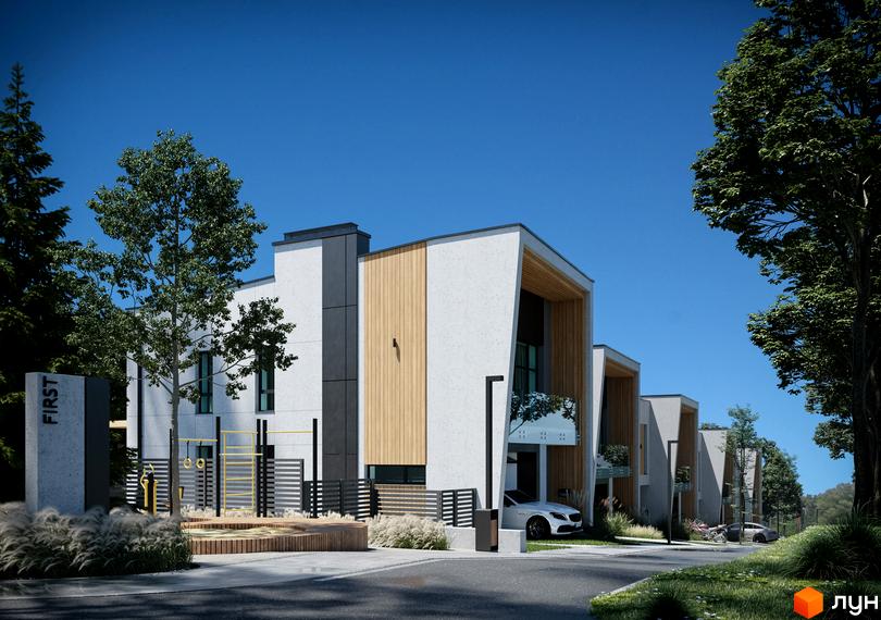Таунхауси FIRST з білими фасадами та дерев'яними елементами, розташовані вздовж дороги. Поруч облаштована прибудинкова територія з деревами та дитячим майданчиком.