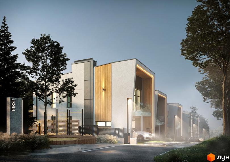 Таунхауси FIRST з білими фасадами, дерев'яними акцентами та підсвіченими входами. На території є дорога, дерева, ліхтарі та спортивний майданчик.