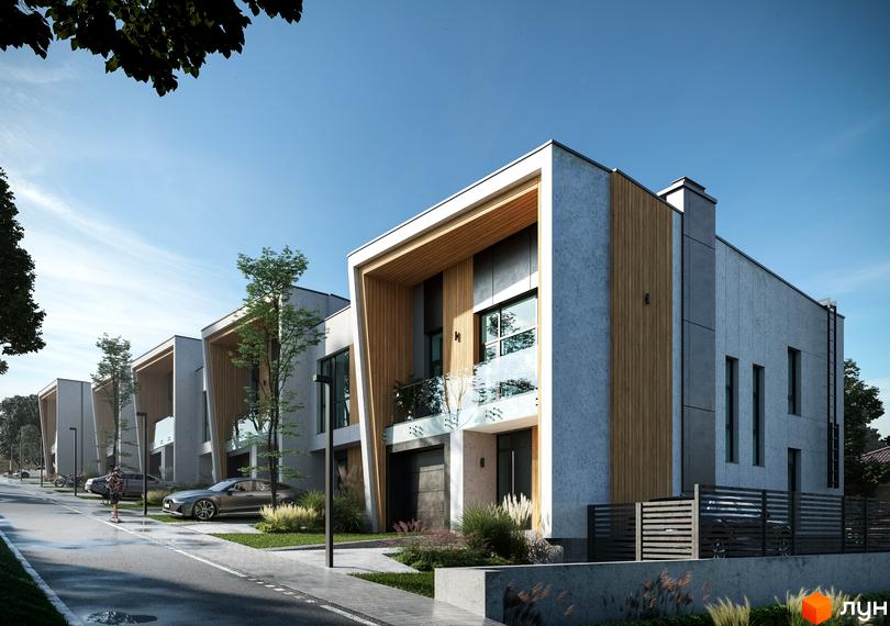 Ряд таунхаусів Таунхауси FIRST зі світлими фасадами, дерев'яними вставками та великими вікнами. Прилегла територія має доріжки та зелені насадження.