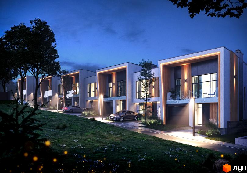 Ряд таунхаусів FIRST з білими фасадами та дерев'яними елементами, освітлені доріжки та зелені насадження навколо будинків.