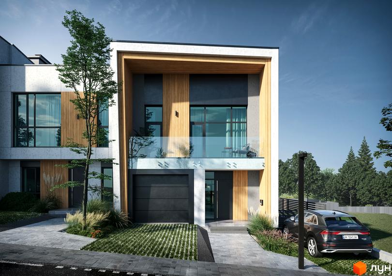 Таунхауси FIRST: двоповерховий будинок з комбінованим фасадом, великими вікнами та балконом. Перед будинком є доріжки, газон та зелені насадження.