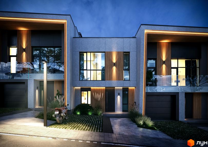 Ряд таунхаусів FIRST з сірим фасадом, дерев'яними елементами та великими вікнами. Перед будинками доглянуті газони, вимощені доріжки та вуличний ліхтар.