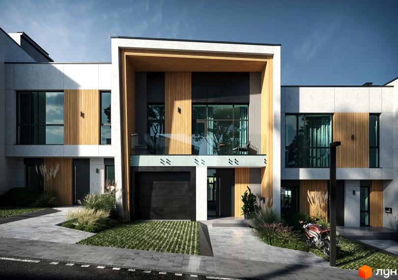 Таунхауси FIRST: фасад будинку з дерев'яними елементами та світлими панелями. Прибудинкова територія з доріжками та зеленими газонами.