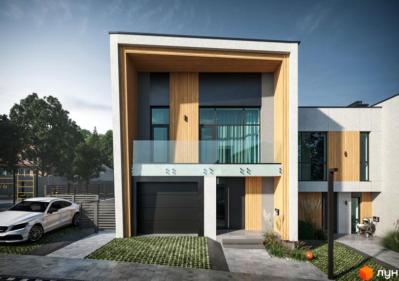 Зовнішній вигляд таунхауса FIRST: світлий фасад з дерев'яними елементами, великі вікна та гараж. На подвір'ї авто та зелені насадження.