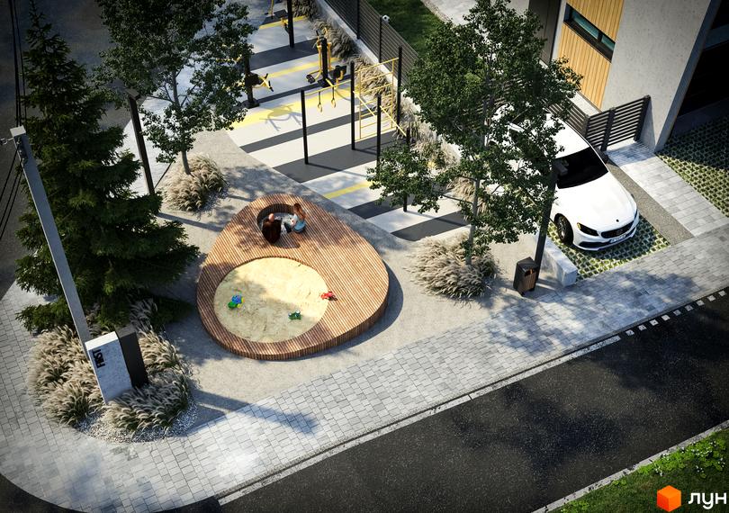 Таунхауси FIRST: білий таунхаус з дерев'яними елементами та прибудинкова територія з дитячим майданчиком, пісочницею та зеленими насадженнями.