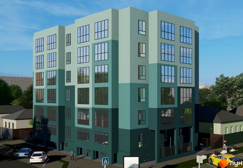 Зовнішній вигляд новобудови на вул. Сінна (Добровольського), 32, з великою кількістю вікон та прибудинковою територією з автомобілями та пішоходами.