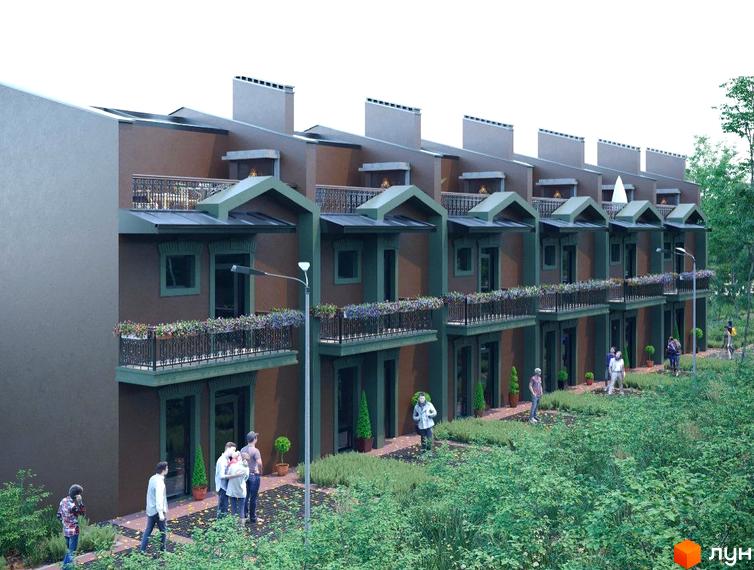 Зовнішній вигляд новобудови Royal Estate з коричневими фасадами та зеленими елементами. Прибудинкова територія з доріжками та зеленню.