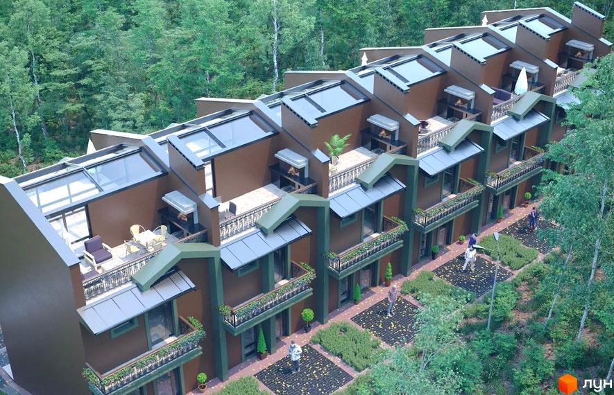 Зовнішній вигляд новобудови Royal Estate з терасами та скляними дахами. Прибудинкова територія з доріжками та зеленими насадженнями.