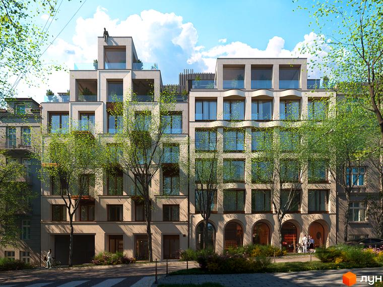 Житловий комплекс Residence Eleven - фасади будівель з багаторівневими терасами та скляними балконами, зелені дерева та пішохідна зона.