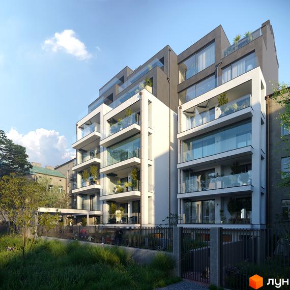 Житловий комплекс Residence Eleven – це багатоповерхова будівля з балконами та скляними фасадами, оточена зеленою прибудинковою територією з огорожею.