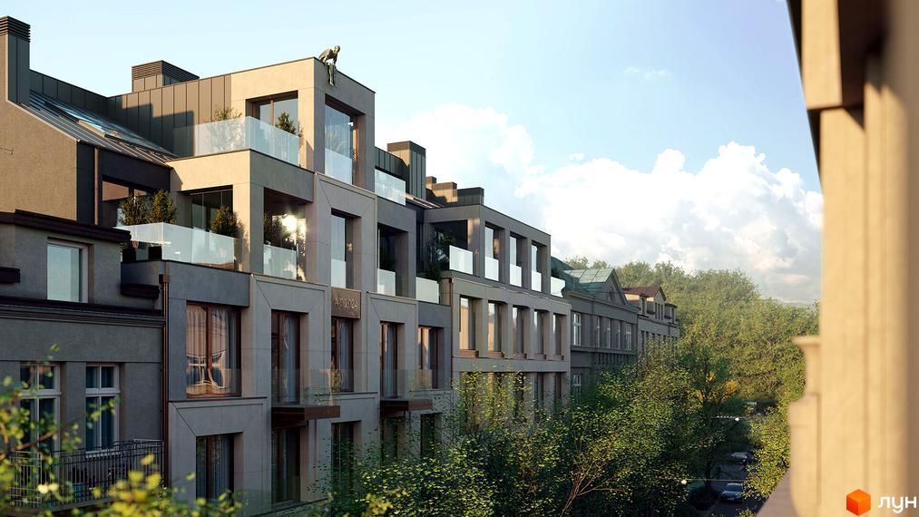 Житловий комплекс Residence Eleven – фасади будівель з панорамними вікнами та скляними балконами, оточені зеленню дерев.