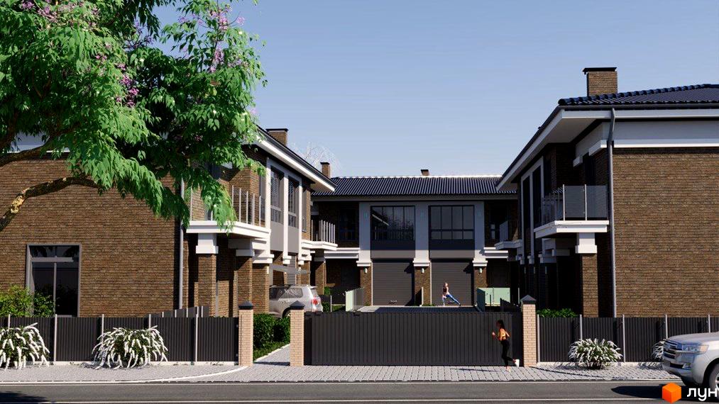 Зовнішній вигляд дуплексів RAIT HOUSE з цегляним фасадом та балконами, прибудинкова територія з парканом та деревами.