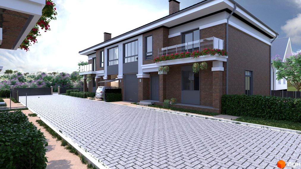 Зовнішній вигляд дуплексів RAIT HOUSE з цегляним фасадом та прибудинковою територією з бруківки. Сучасний житловий комплекс з доглянутим ландшафтом.