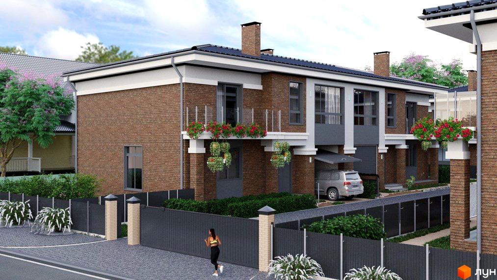 Зовнішній вигляд дуплексів RAIT HOUSE з цегляним фасадом та квітами на балконах. Прибудинкова територія з парканом, дорогою та зеленню.