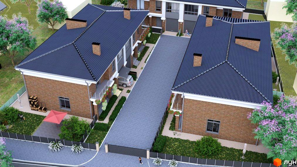 Дуплекси RAIT HOUSE з цегляним фасадом та синім дахом, розташовані на доглянутій прибудинковій території з доріжками та зеленню.