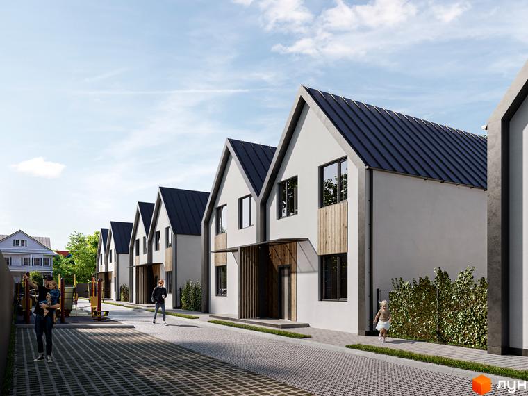 Зовнішній вигляд котеджного містечка Зоряне з білими фасадами та темними дахами, дитячим майданчиком та доглянутою прибудинковою територією.