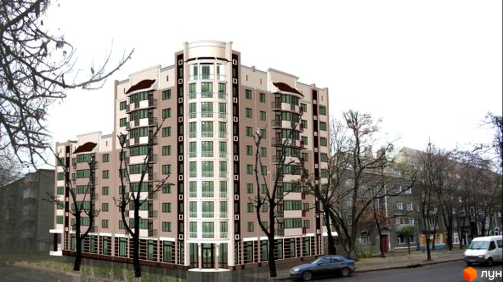 Житловий комплекс на проспекті Героїв Харкова, 124/7, з сучасним фасадом та прибудинковою територією, оточений деревами.