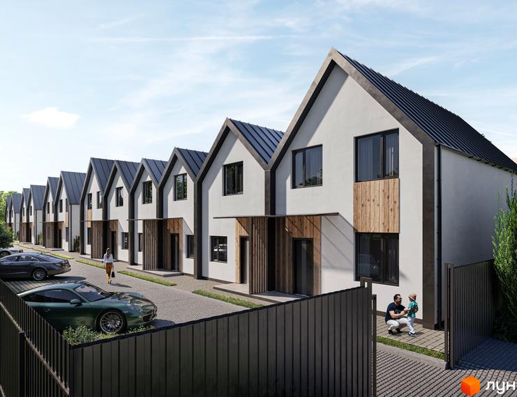 Котеджне містечко КМ Зоряне: сучасні будинки з дерев'яними елементами та акуратна прибудинкова територія з парковкою та зеленими зонами.