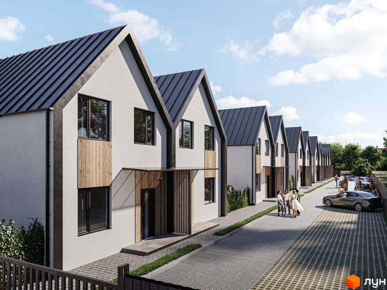 Котеджне містечко Зоряне: ряд білих будинків з темними дахами та дерев'яними елементами фасаду, облаштована прибудинкова територія з парковкою та зеленими насадженнями.