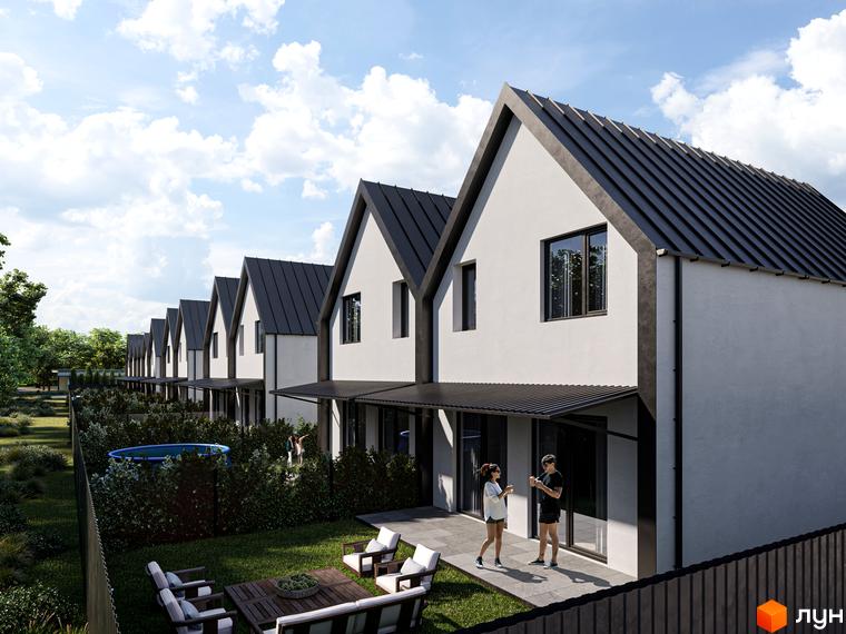 Котеджне містечко Зоряне: білі будинки з темними дахами, тераси, зелена прибудинкова територія з басейном та зоною відпочинку.