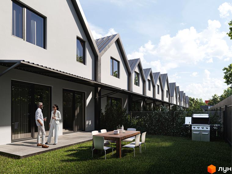 Котеджне містечко КМ Зоряне: фасади будинків з великими вікнами та прибудинкова територія з зоною барбекю та місцем для відпочинку.