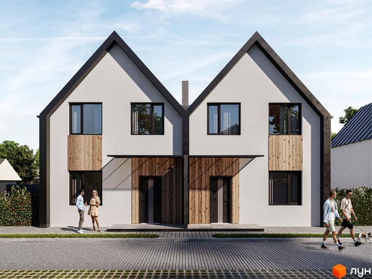 Котеджне містечко Зоряне: двоповерхові будинки з дерев'яними елементами фасаду та доглянутою прибудинковою територією. На зображенні видно два будинки, що стоять поруч, з великими вікнами та темними дахами.