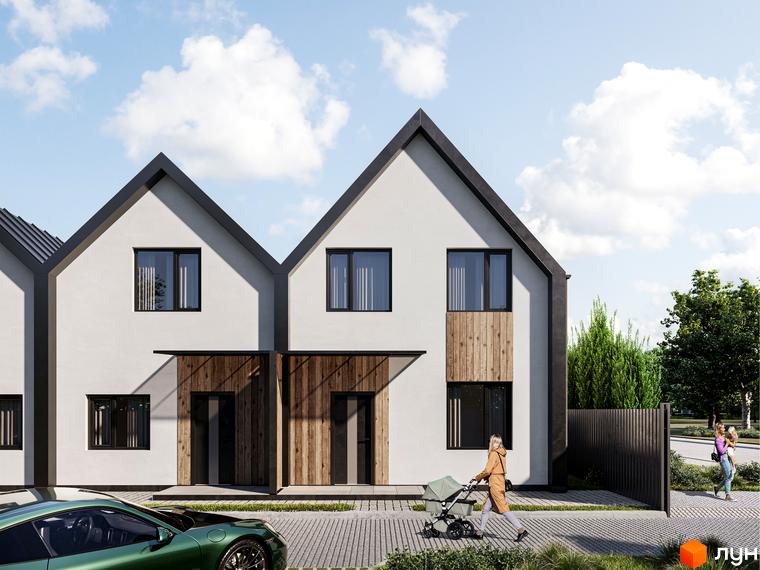 Зовнішній вигляд котеджного містечка КМ Зоряне з сучасними фасадами та дерев'яними елементами. Прибудинкова територія з доріжками та зеленими насадженнями.