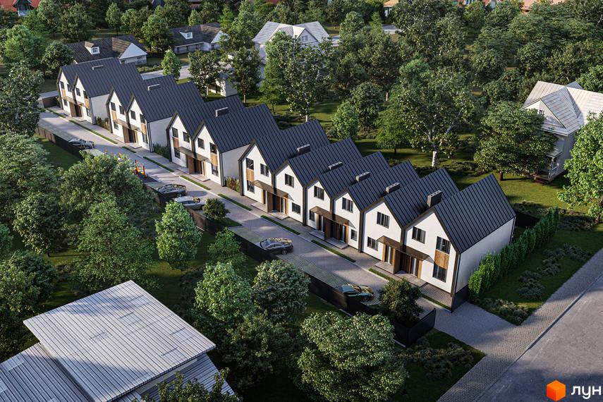 Котеджне містечко Зоряне: ряд сучасних двоповерхових будинків з темними дахами та білими фасадами, розташованих вздовж вимощеної дороги з припаркованими автомобілями та зеленою зоною.