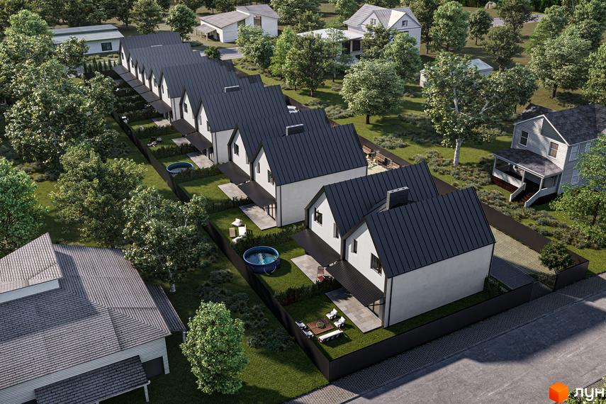 Котеджне містечко Зоряне: сучасні будинки з чорними дахами та доглянутою прибудинковою територією з басейнами та зонами відпочинку.