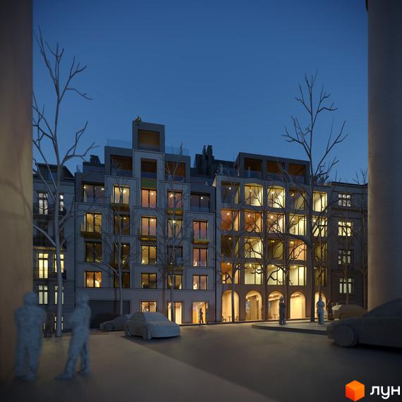 Фасад житлового комплексу Residence Eleven з підсвіченими вікнами та архітектурними елементами, на тлі нічного неба. Перед будинком розташовані дерева та автомобілі.