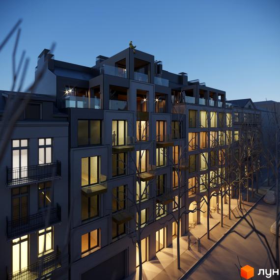 Зовнішній вигляд новобудови ЖК Residence Eleven з підсвіченими вікнами та балконами ввечері. Навколо будівлі розташовані дерева та тротуар з пішоходами.