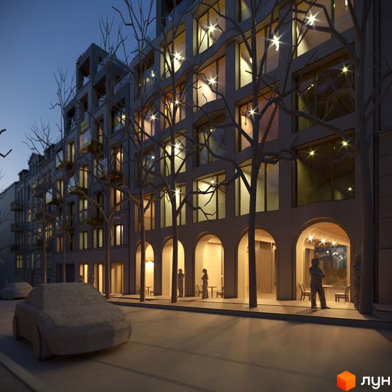 Житловий комплекс Residence Eleven з аркадами на першому поверсі та підсвіченими вікнами, оточений голими деревами. На вулиці перед будинком стоїть автомобіль.